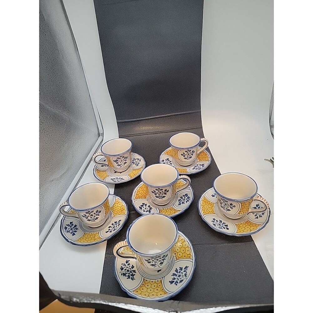 Set Of 6 Cups And Saucers GUMPS U GRAZIA DERUTA ITALY ORANGE SCALES BLUE FLOWERS
